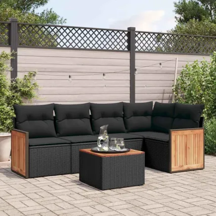 Salon de jardin 6 pcs avec coussins noir résine tressée
