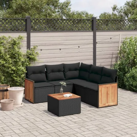 Salon de jardin 6 pcs avec coussins noir résine tressée