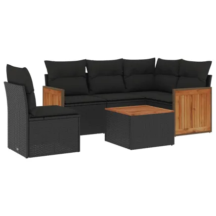 Salon de jardin 6 pcs avec coussins noir résine tressée 2