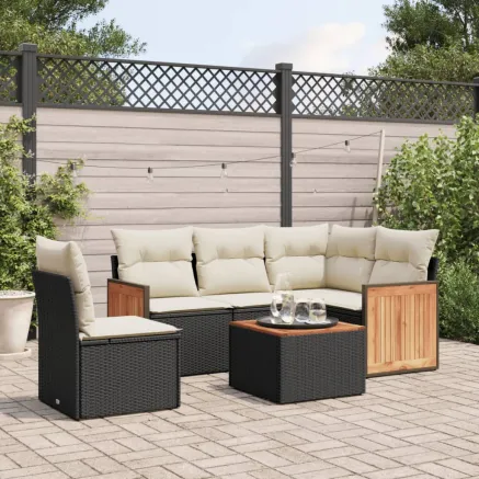 Salon de jardin 6 pcs avec coussins noir résine tressée