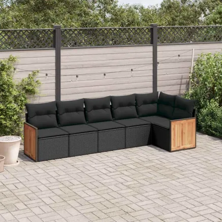 Salon de jardin 6 pcs avec coussins noir résine tressée