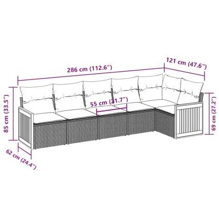 Salon de jardin 6 pcs avec coussins noir résine tressée