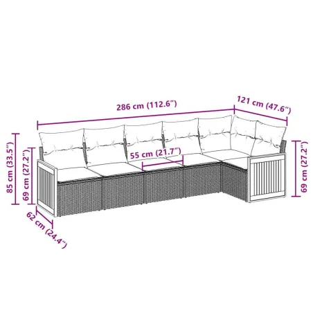 Salon de jardin 6 pcs avec coussins noir résine tressée