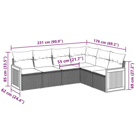 Salon de jardin 6 pcs avec coussins noir résine tressée
