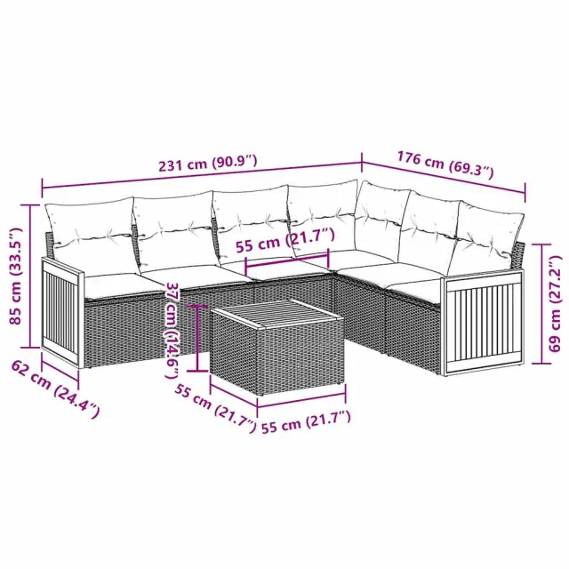 Salon de jardin 7 pcs avec coussins noir résine tressée