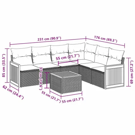 Salon de jardin 7 pcs avec coussins noir résine tressée