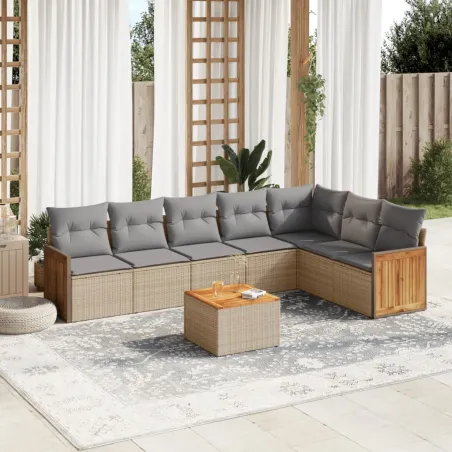 Salon de jardin avec coussins 8 pcs beige résine tressée