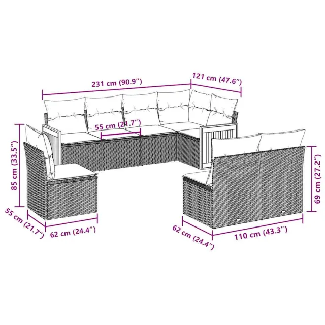Salon de jardin 8 pcs avec coussins noir résine tressée