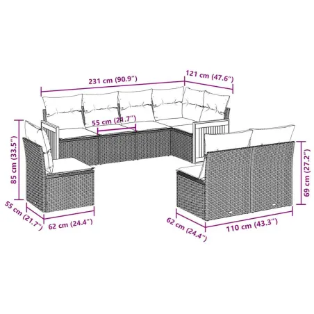 Salon de jardin 8 pcs avec coussins noir résine tressée