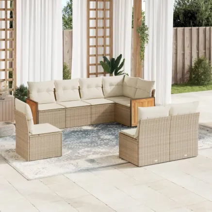 Salon de jardin avec coussins 8 pcs beige résine tressée