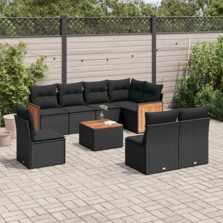 Salon de jardin 9 pcs avec coussins noir résine tressée