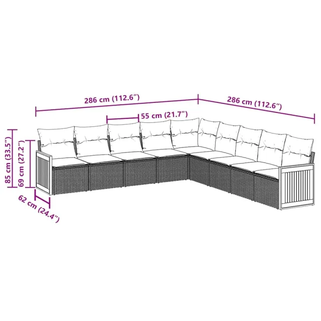 Salon de jardin 9 pcs avec coussins noir résine tressée