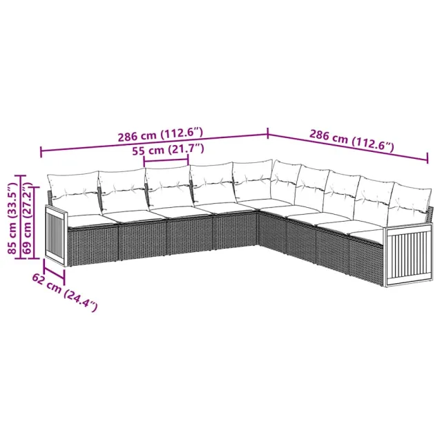 Salon de jardin 9 pcs avec coussins noir résine tressée