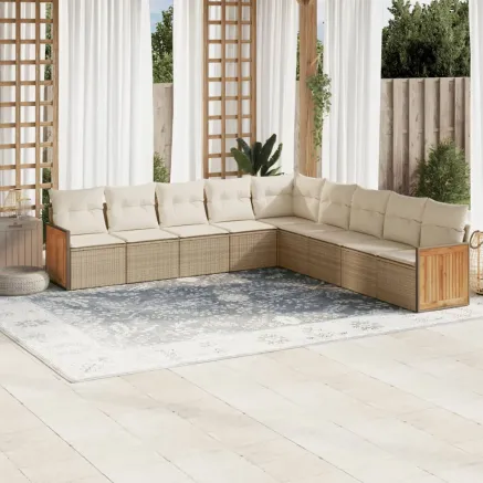 Salon de jardin avec coussins 9 pcs beige résine tressée