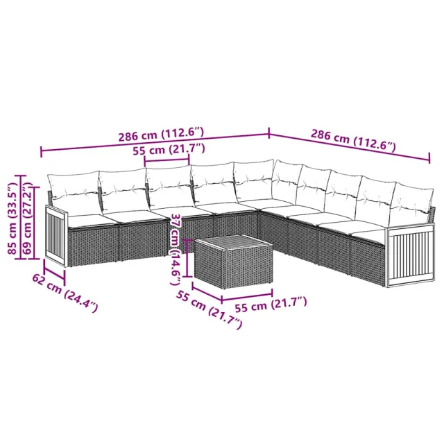 Salon de jardin 10 pcs avec coussins noir résine tressée