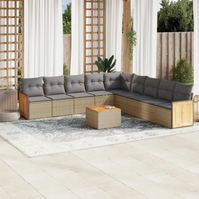 Salon de jardin avec coussins 10 pcs beige résine tressée