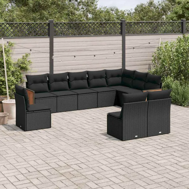 Salon de jardin 10 pcs avec coussins noir résine tressée
