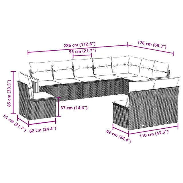 Salon de jardin 10 pcs avec coussins noir résine tressée