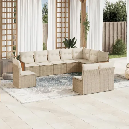 Salon de jardin avec coussins 10 pcs beige résine tressée
