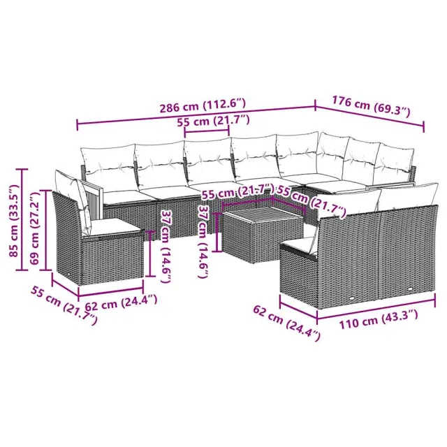 Salon de jardin 11 pcs avec coussins noir résine tressée