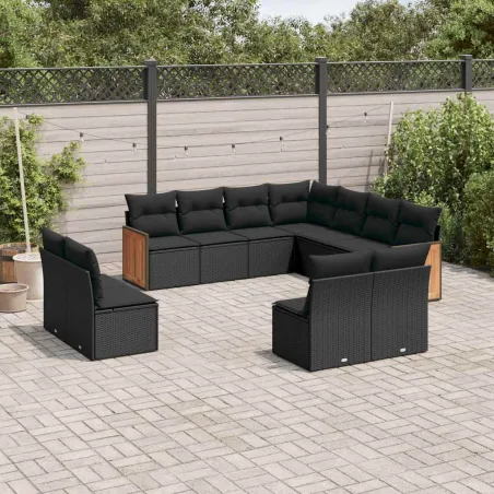 Salon de jardin 11 pcs avec coussins noir résine tressée