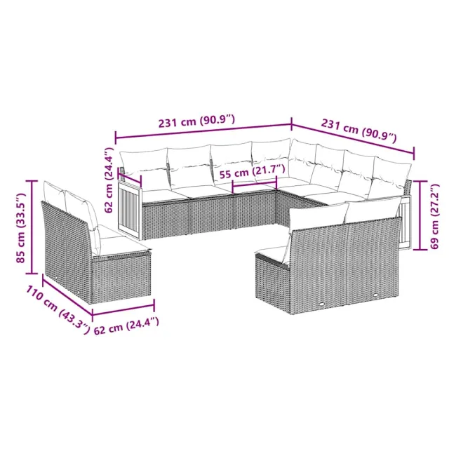 Salon de jardin 11 pcs avec coussins noir résine tressée