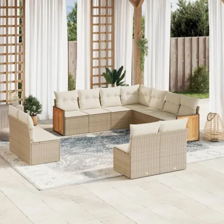 Salon de jardin 11 pcs avec coussins beige résine tressée