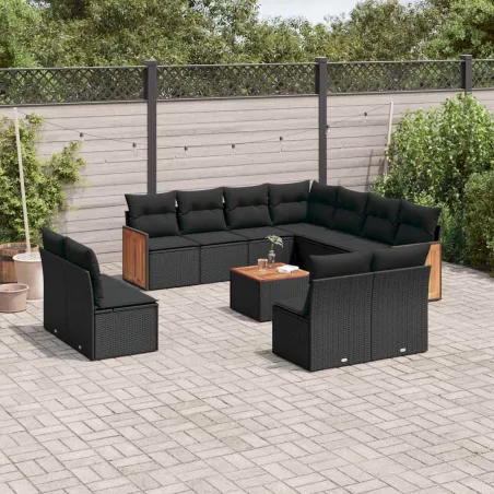 Salon de jardin 12 pcs avec coussins noir résine tressée