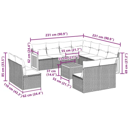 Salon de jardin 12 pcs avec coussins noir résine tressée