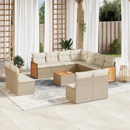 Salon de jardin avec coussins 12 pcs beige résine tressée