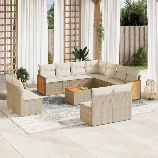 Salon de jardin avec coussins 12 pcs beige résine tressée