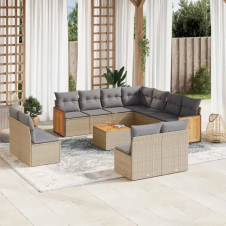 Salon de jardin avec coussins 12 pcs beige résine tressée