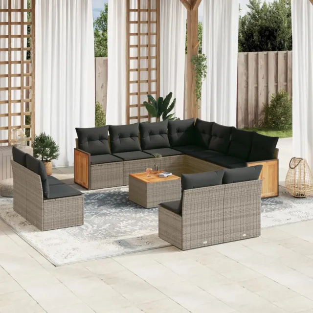 Salon de jardin avec coussins 12 pcs gris résine tressée