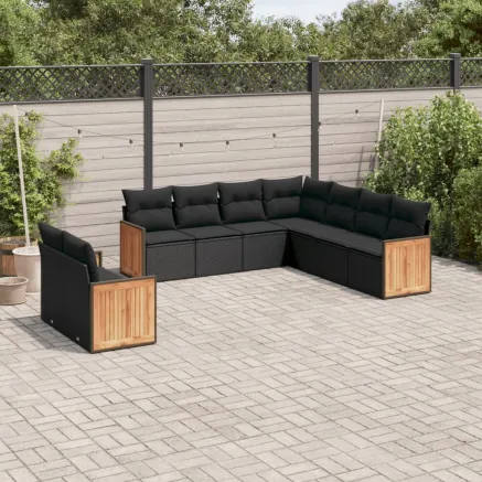 Salon de jardin 9 pcs avec coussins noir résine tressée