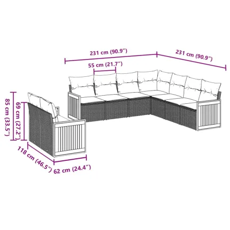 Salon de jardin 9 pcs avec coussins noir résine tressée
