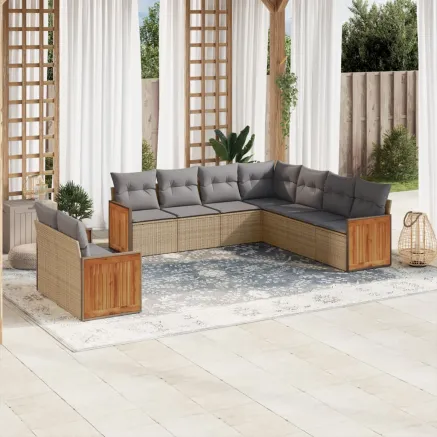 Salon de jardin avec coussins 9 pcs beige résine tressée