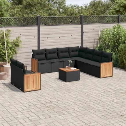Salon de jardin 10 pcs avec coussins noir résine tressée
