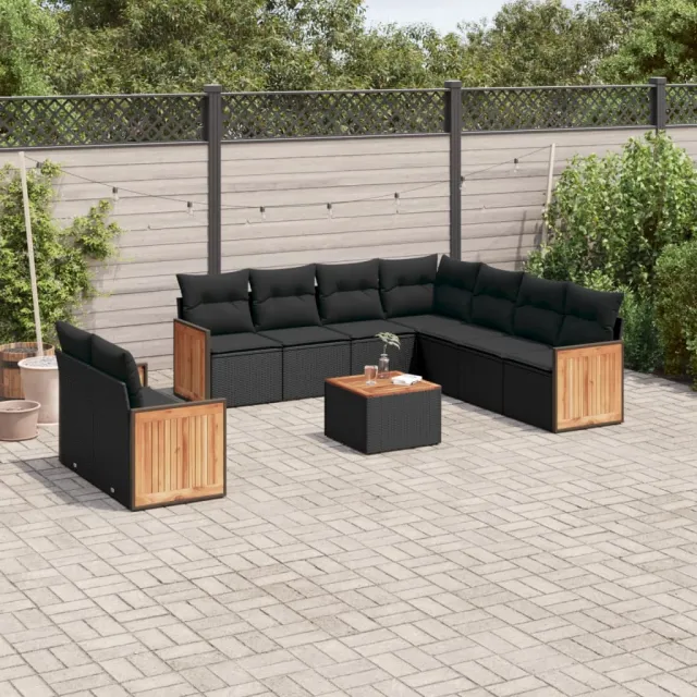 Salon de jardin 10 pcs avec coussins noir résine tressée