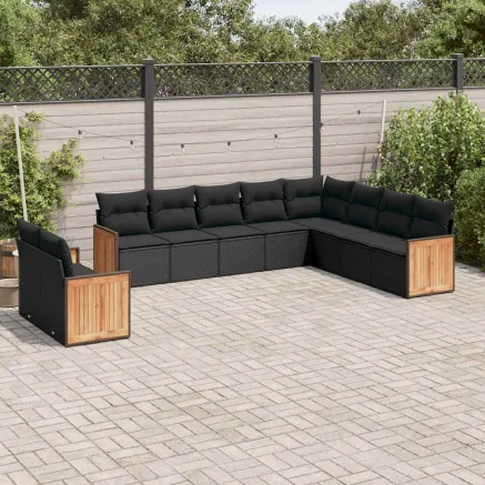 Salon de jardin 10 pcs avec coussins noir résine tressée