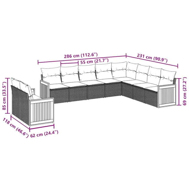 Salon de jardin 10 pcs avec coussins noir résine tressée