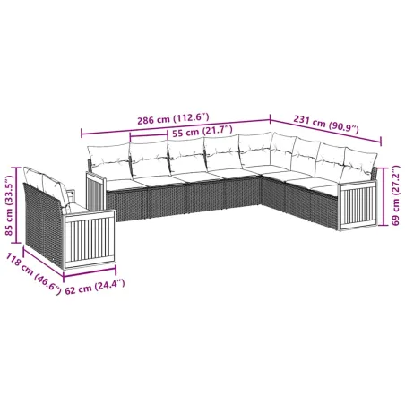 Salon de jardin 10 pcs avec coussins noir résine tressée
