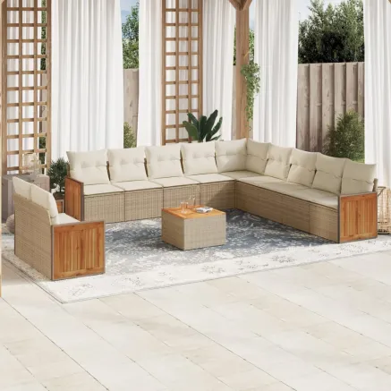 Salon de jardin avec coussins 12 pcs beige résine tressée