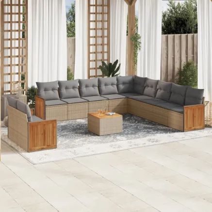 Salon de jardin avec coussins 12 pcs beige résine tressée