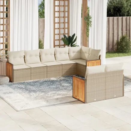 Salon de jardin avec coussins 8 pcs beige résine tressée