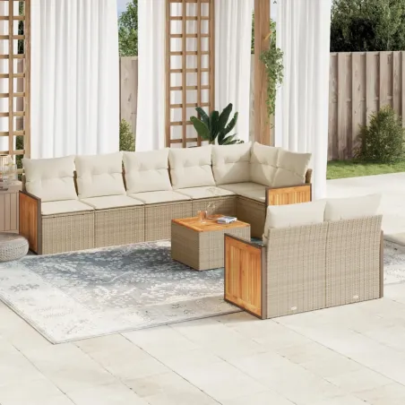 Salon de jardin avec coussins 9 pcs beige résine tressée