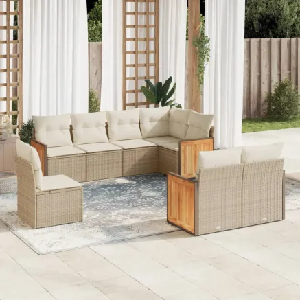 Salon de jardin avec coussins 8 pcs beige résine tressée