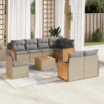 Salon de jardin avec coussins 9 pcs beige résine tressée