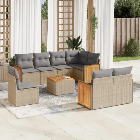Salon de jardin avec coussins 9 pcs beige résine tressée