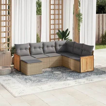 Salon de jardin avec coussins 7 pcs beige résine tressée