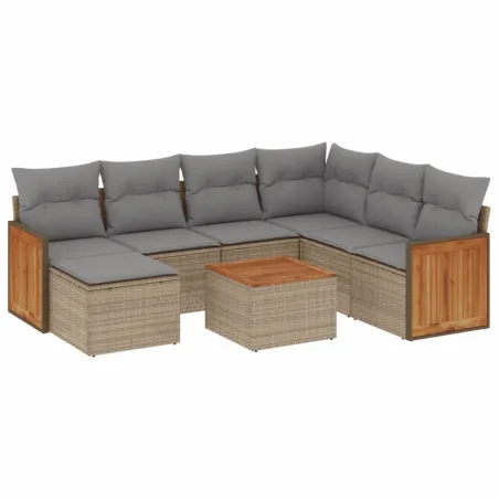 Salon de jardin avec coussins 8 pcs beige résine tressée